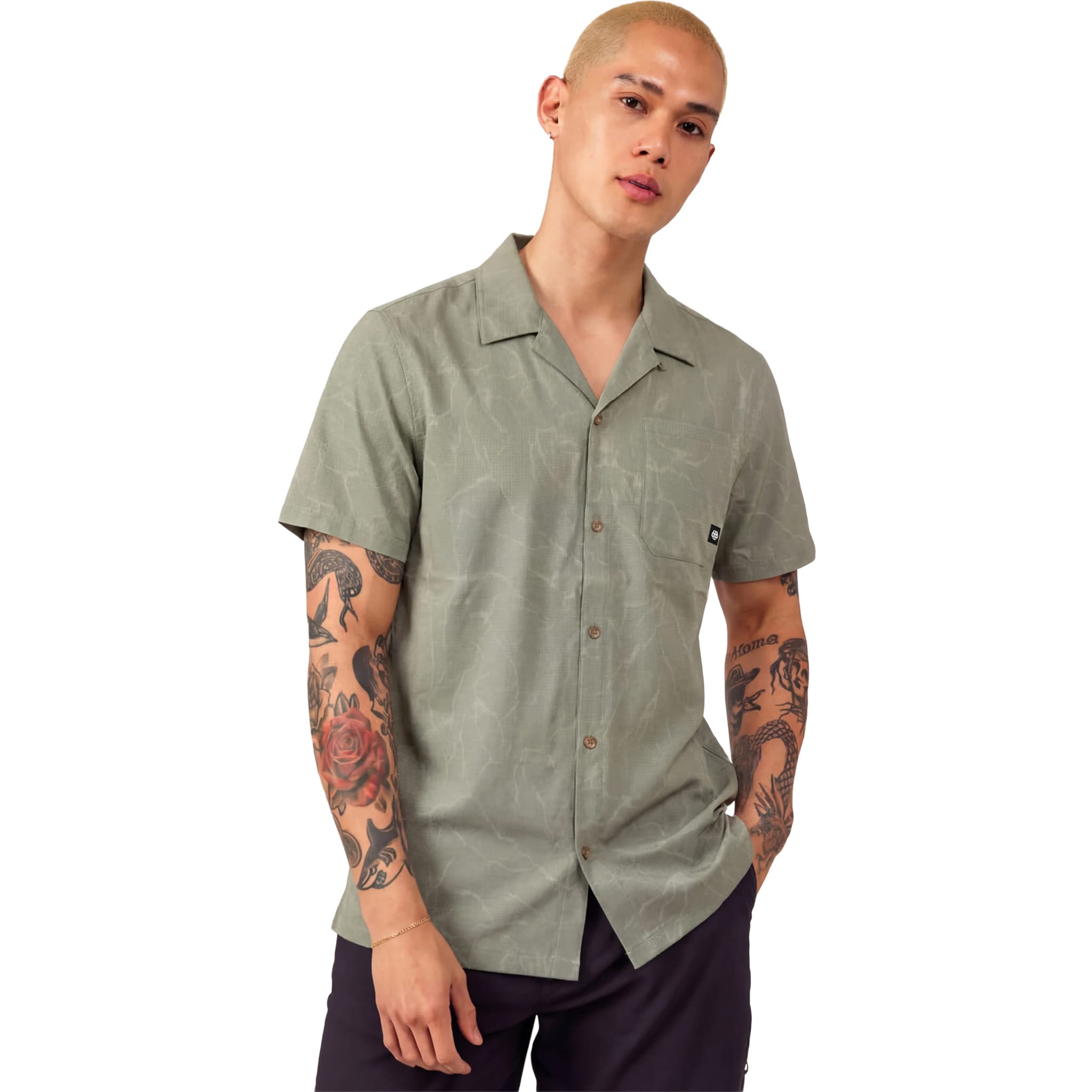 686 Nomad Perforated Button Down Shirt Fatigue Green Marble Button Up