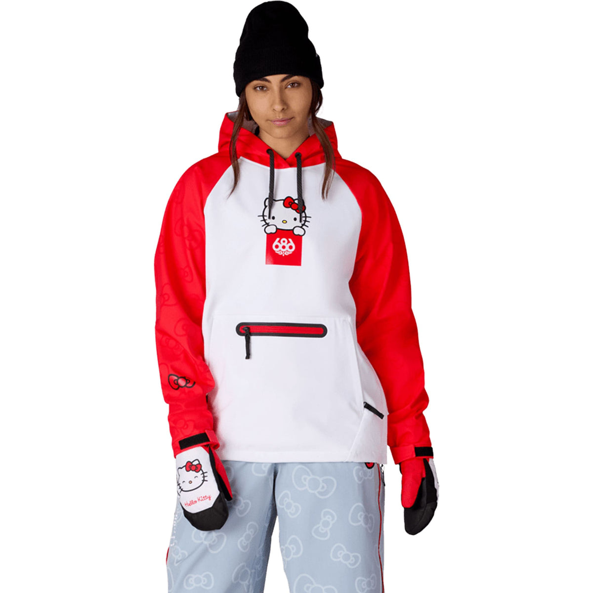 686 X Hello Kitty Women's Waterproof Hoody White Red 2027 Womens Snowboard Jackets