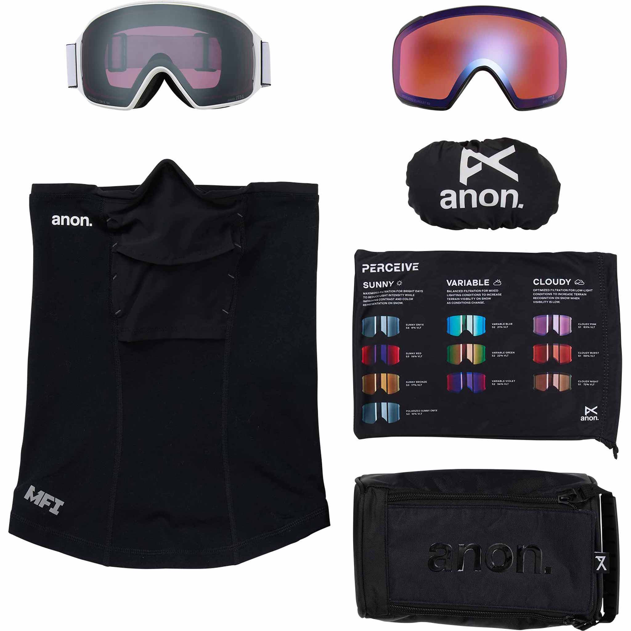 Anon M4 Toric Low Bridge Goggle + Bonus Lens + MFI Face Mask White Perceive Sunny Onyx 2026 Goggles