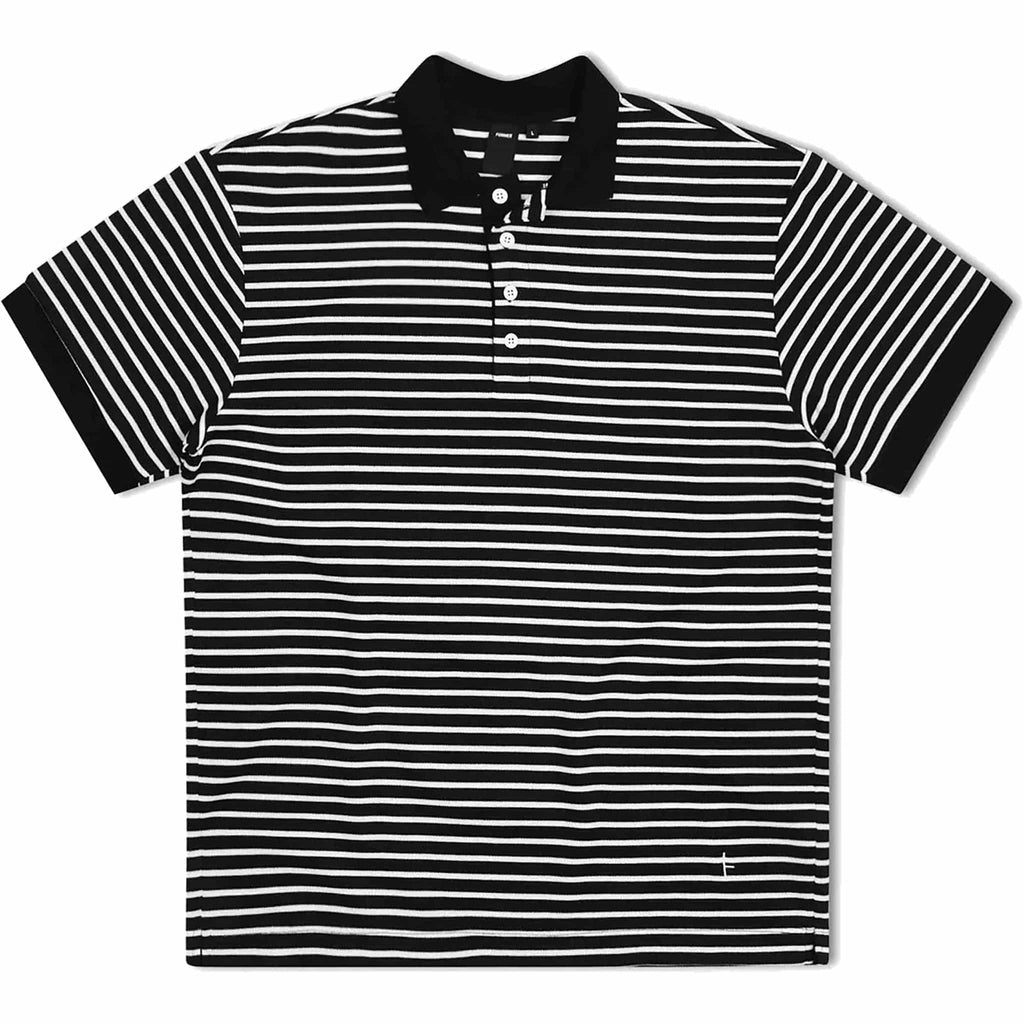 Former Uniform Striped Short Sleeve Polo Shirt Worn Black White Button Up
