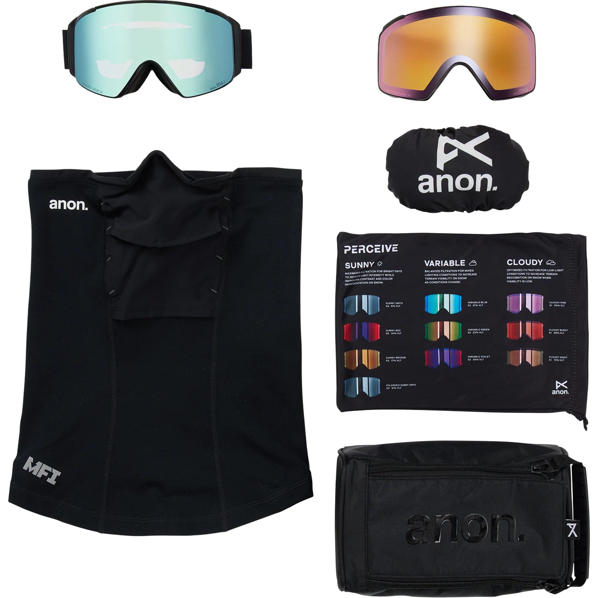 Anon M4S Cylindrical Goggles Black Perceive Variable Blue + MFI Face Mask & Bonus Lens Goggles