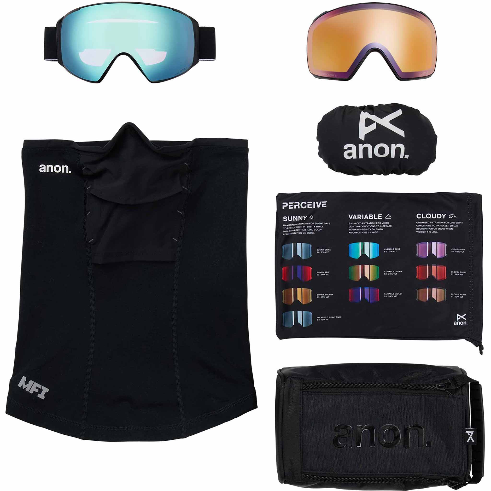 Anon M4S Toric Low Bridge Goggle + Bonus Lens + MFI Face Mask Black Perceive Variable Blue 2026 Goggles