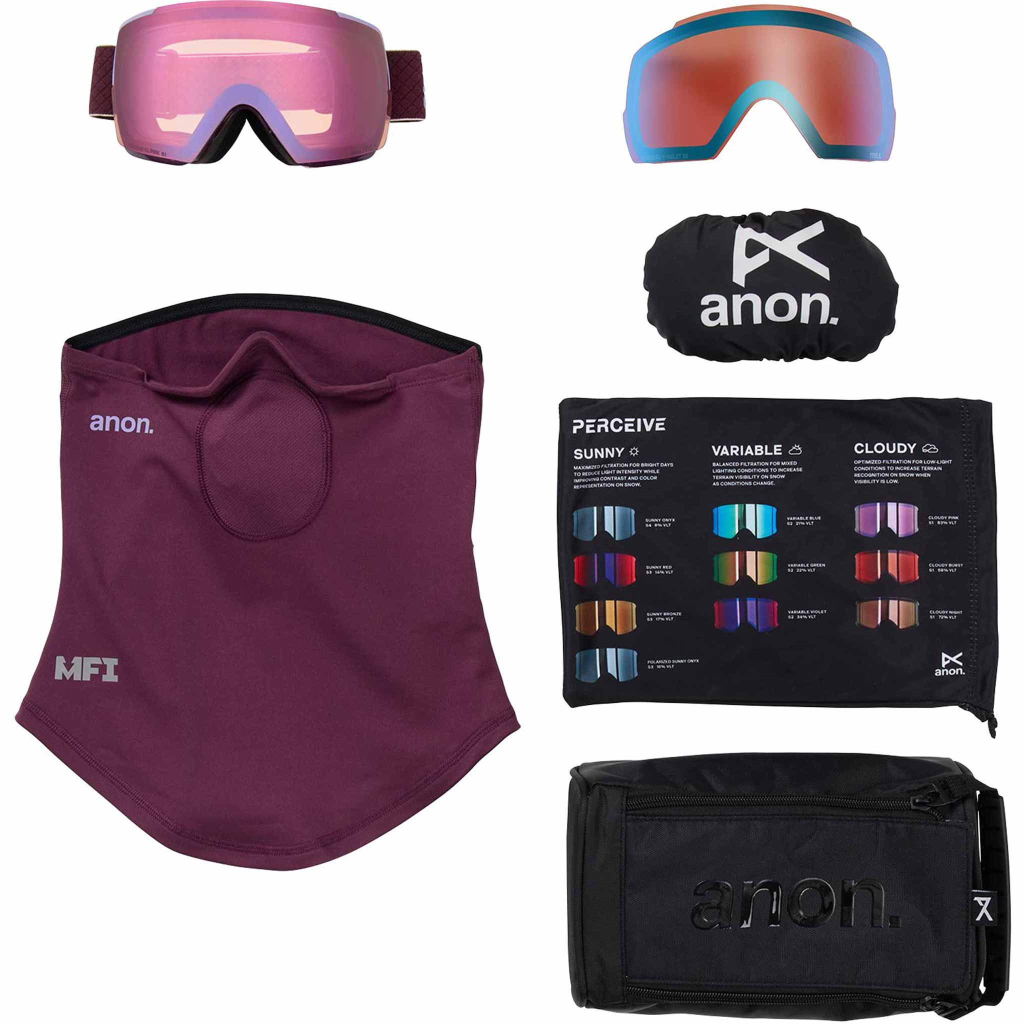 Anon M5S Low Bridge Goggle + Bonus Lens + MFI Face Mask Deep Cherry Perceive Cloudy Pink 2026 Goggles