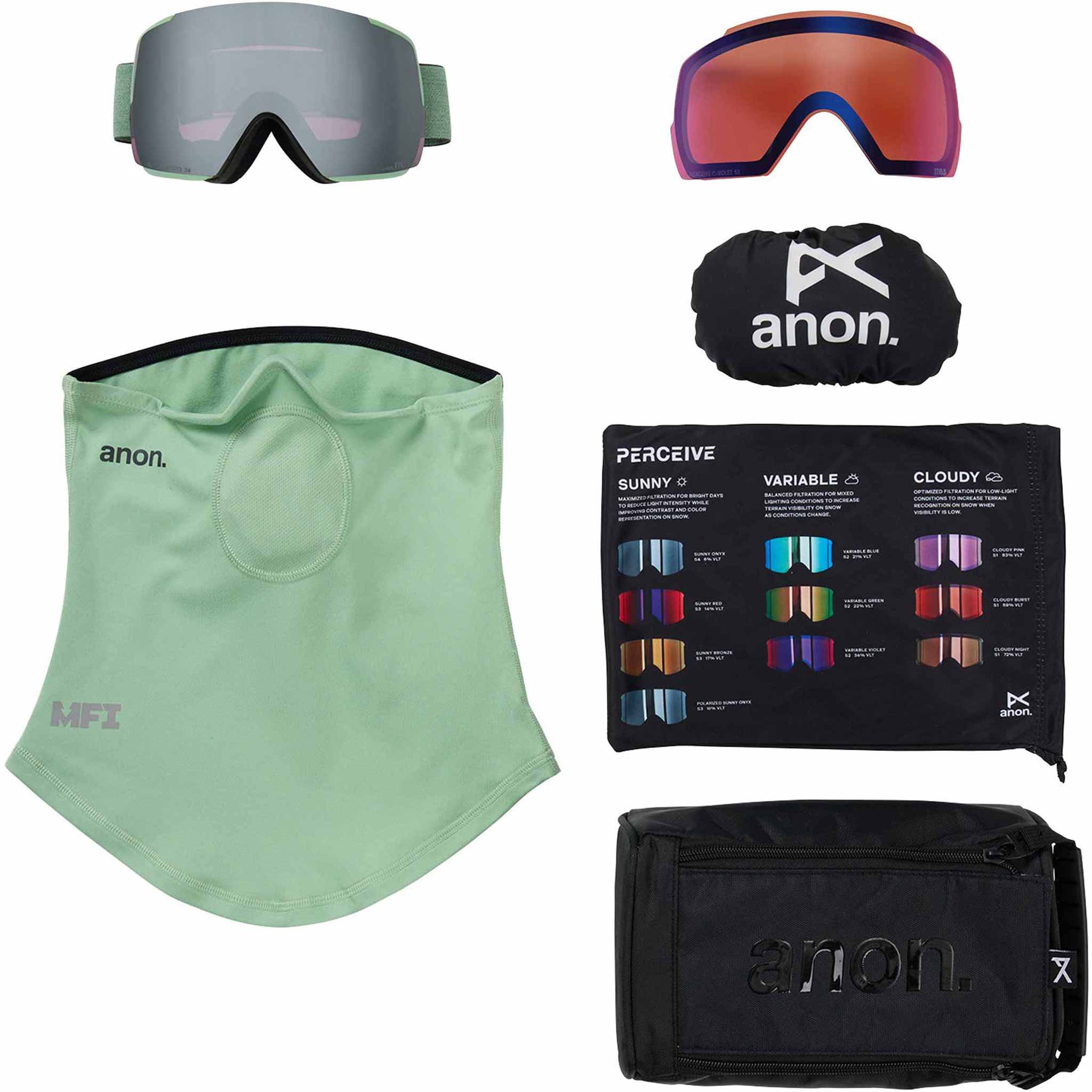 Anon M5S Low Bridge Goggle + Bonus Lens + MFI Face Mask Soft Sage Perceive Sunny Onyx 2026 Goggles