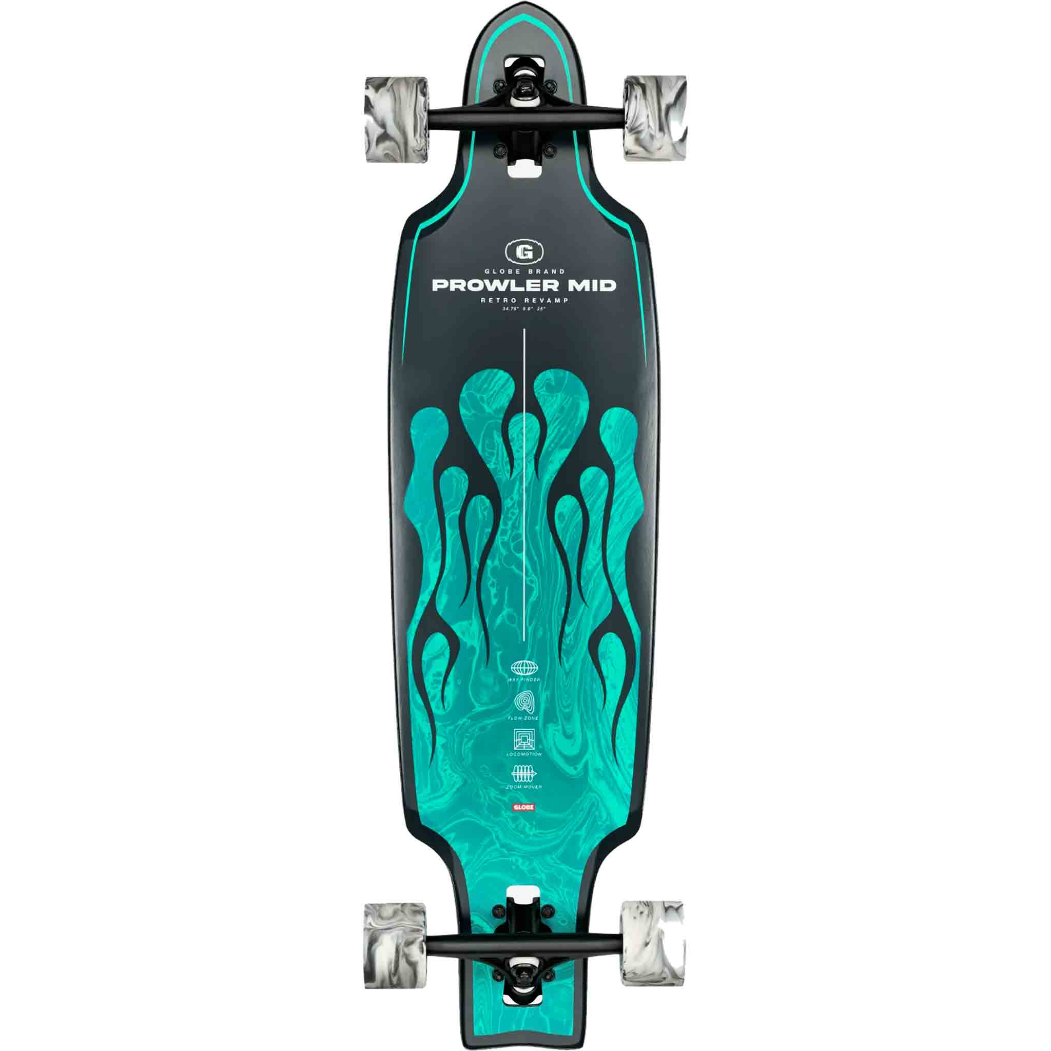 Globe Prowler Mid 34" Longboard Green Flames Skateboard Complete